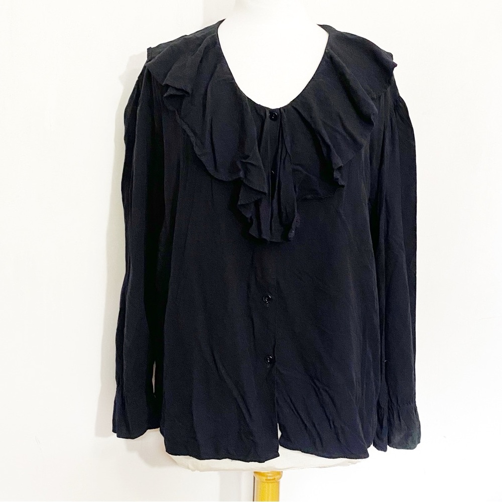 SOSTANZA ruffle neck button up puffed long sleeves woven rayon blouse top L